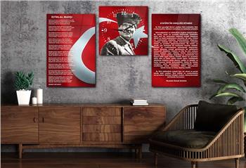 Atatürk, Independence March, and Youth Address Glass Wall Art Set with Clock