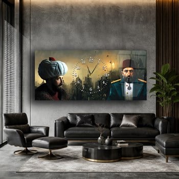 Fatih Sultan Mehmet Han ve Abdülhamit Han Saatli Cam Tablo 077