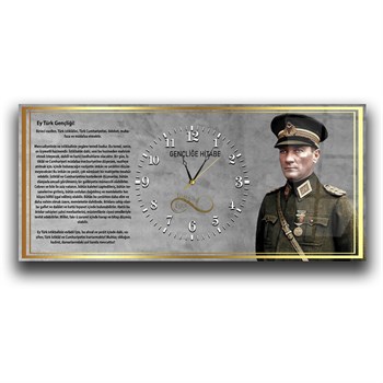 Mareşal Mustafa Kemal Atatürk ve Gençliğe Hitabesi Saatli  Vatan Temalı Cam Tablo 041