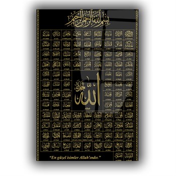Allahın 99 İsmi Siyah Gold Cam Tablo