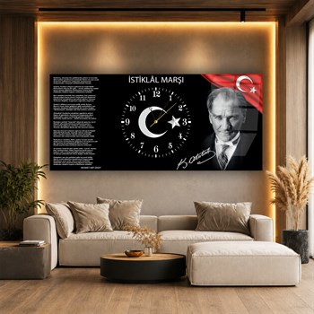 İstiklal Marşı ve Atatürk Saatli Cam Tablo