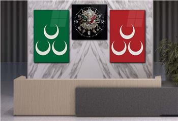 Ottoman State Coat of Arms and Three Crescent Tempered Glass Wall Art Set with Clock