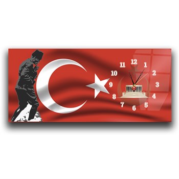 Atatürk ve Türk Bayrağı Yatay Saatli Yandan Vatan Temalı Cam Tablo 016