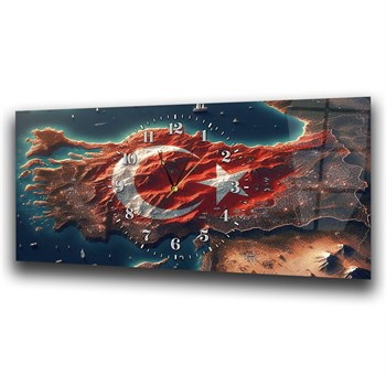 Ay Yıldızlı Türkiye Haritası Saatli Cam Tablo