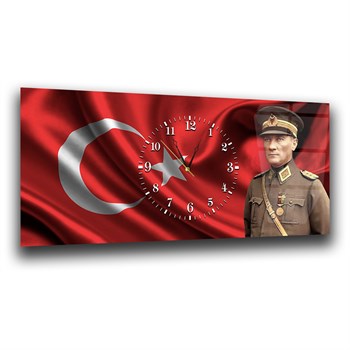 Türk Bayraklı Atatürk Saatli Cam Tablo