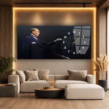 Atatürk ve Harf Devrimi Yatay Saatli Yandan Vatan Temalı Cam Tablo 007