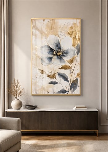 Gold Detaylı Mavi Çiçek Alüminyum Çerçeveli Modern Cam Duvar Tablosu