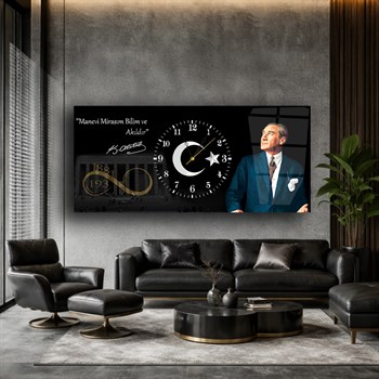 Yatay Ortadan Saatli  Vatan Temalı Cam Tablo 022
