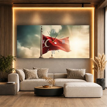 Bulutlar Arasında Dalgalanan Türk Bayrağı Saatli  Cam Tablo 080
