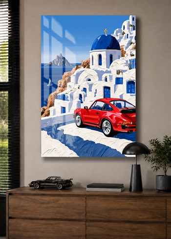 Kırmızı Klasik Porsche Santorini Cam Tablo