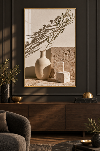 Modern Minimalist Vazo ve Doğal Taş - Gerçek Cama Baskı Alüminyum Metal Çerçeveli Tekli Cam Tablo