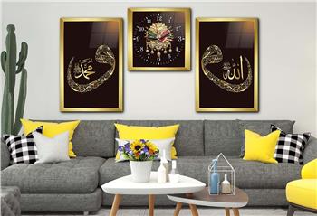 VAV İÇERİSİNDE ALLAH C.C İSMİ PEYGAMBER EFENDİMİZİN İSMİ VE OSMANLI DEVLET DEVLET ARMASI GÖRSELLİ CAM TABLO SAAT SETİ  