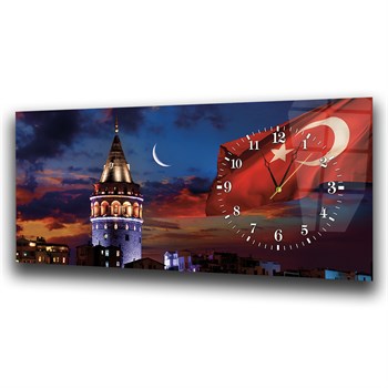 Türk Bayraklı Galata Kulesi Saatli Cam Tablo