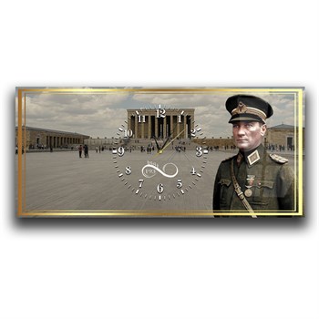 Askeri kıyafetli Atatürk ve Anıtkabir Yatay Ortadan Saatli  Vatan Temalı Cam Tablo 043