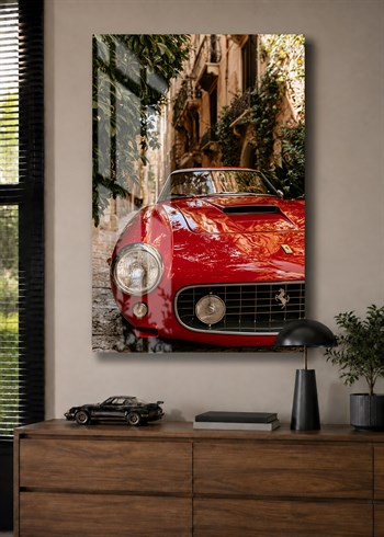 Kırmızı Klasik Ferrari Cam Tablo