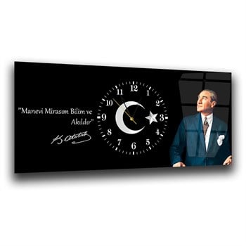 Manevi Mirasım Bilim ve Akıldır Atatürk Saatli Cam Tablo