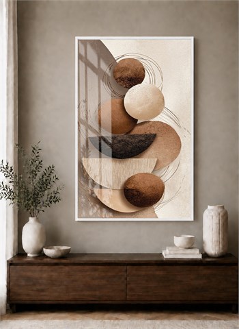 Toprak Tonları Geometrik Soyut Alüminyum Çerçeveli Modern Cam Duvar Tablosu