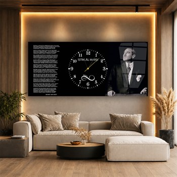 Mustafa Kemal Atatürk , İstiklal Marşı ve 1881-1938 Yazılı Saatli  Vatan Temalı Cam Tablo 045