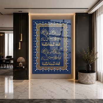 Salavat-ı Şerife Mavi Gold Hat Sanatı Cam Tablo