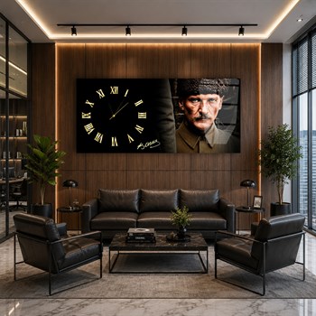 Kalpaklı Atatürk Portresi Gold Roma Rakamlı Saatli Cam Tablo