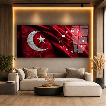 Bordo Türk Bayrağı Saatli Cam Tablo