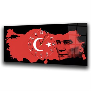 Türkiye Haritası Üzerinde Türk Bayrağı ve Atatürk Saatli Cam Tablo 060