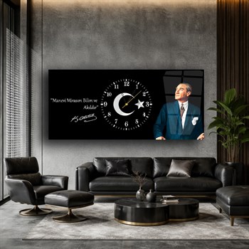 Manevi Mirasım Bilim ve Akıldır Atatürk Saatli Cam Tablo