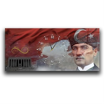 Mustafa Kemal Atatürk ve Anıtkabir Türk Bayrağı Zeminli Saatli Cam Tablo 071