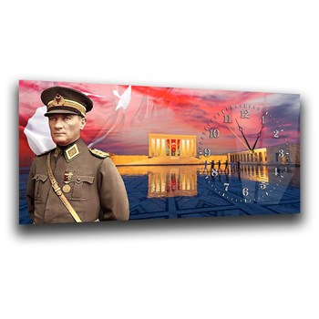 Yatay Saatli Yandan Vatan Temalı Cam Tablo 025