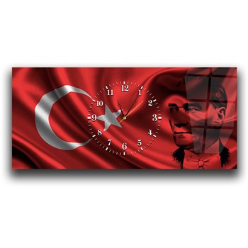 Türk Bayrağı ve Atatürk Yatay Ortadan Saatli  Vatan Temalı Cam Tablo 062