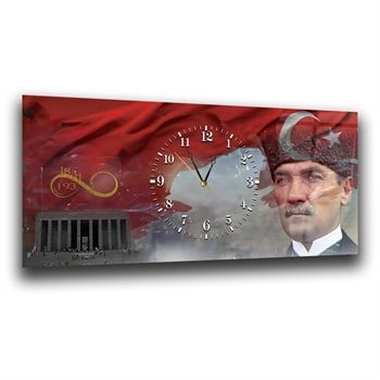 Mustafa Kemal Atatürk ve Anıtkabir Türk Bayrağı Zeminli Saatli Cam Tablo 071