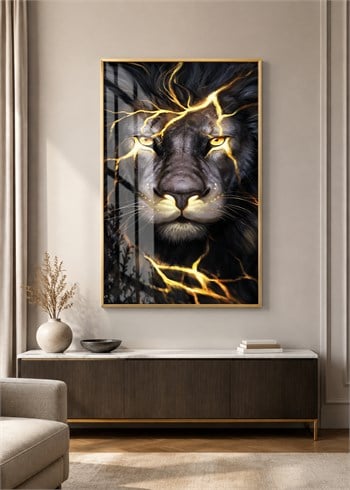 Siyah Gold Aslan Portresi Alüminyum Çerçeveli Lüks Cam Duvar Tablosu