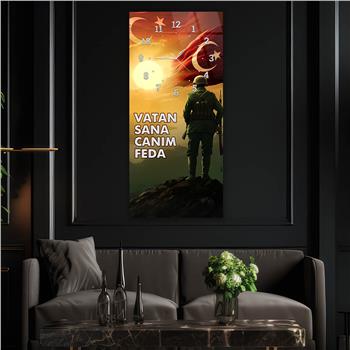 Vertical National Themed Glass Wall Art with Clock at the Top 048