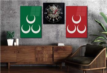 Ottoman State Coat of Arms and Three Crescent Tempered Glass Wall Art Set with Clock