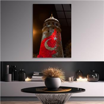 Glass Wall Art with Galata Tower and Turkish Flag