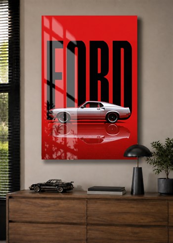 Kırmızı Zemin Klasik Ford Mustang Cam Tablo
