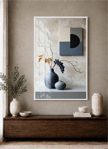 Geometrik Detaylı Siyah Vazolar Alüminyum Çerçeveli Modern Cam Duvar Tablosu