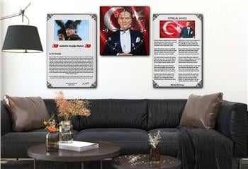 Atatürk, Independence March, and Youth Address Glass Wall Art Set with Clock