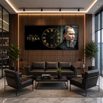 Yatay Saatli Ortadan Vatan Temalı Cam Tablo 171