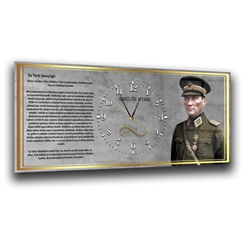 Mareşal Mustafa Kemal Atatürk ve Gençliğe Hitabesi Saatli  Vatan Temalı Cam Tablo 041