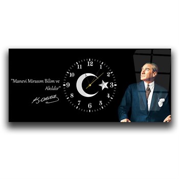 Manevi Mirasım Bilim ve Akıldır Atatürk Saatli Cam Tablo