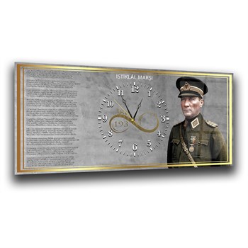 Asker Atatürk ve İstiklal Marşı Saatli Cam Tablo