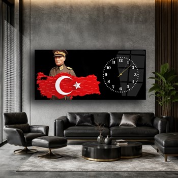 Yatay Saatli Yandan Vatan Temalı Cam Tablo 031