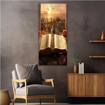 Vertical Religious Themed Glass Wall Art with Clock at the Top  022