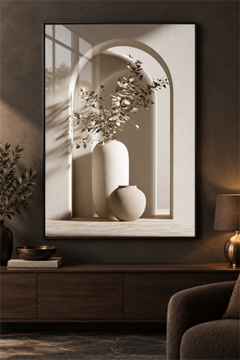 Modern Kemerli Minimalist İkili Vazo - Gerçek Cama Baskı Siyah Alüminyum Metal Çerçeveli Tekli Cam Tablo