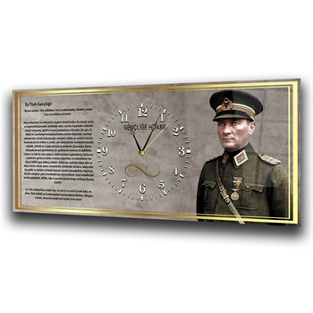Askeri Kıyafetli Mustafa Kemal Atatürk ve Gençliğe Hitabesi Saatli  Cam Tablo 042