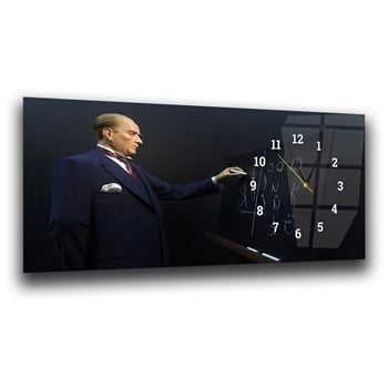 Atatürk ve Harf Devrimi Yatay Saatli Yandan Vatan Temalı Cam Tablo 007