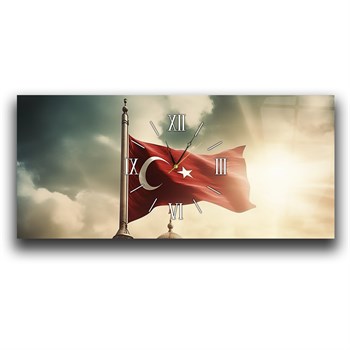 Bulutlar Arasında Dalgalanan Türk Bayrağı Saatli  Cam Tablo 080