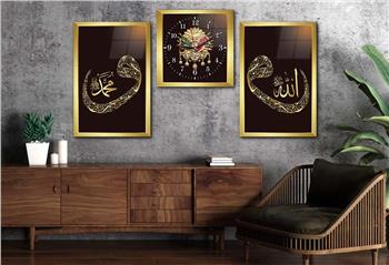 VAV İÇERİSİNDE ALLAH C.C İSMİ PEYGAMBER EFENDİMİZİN İSMİ VE OSMANLI DEVLET DEVLET ARMASI GÖRSELLİ CAM TABLO SAAT SETİ  