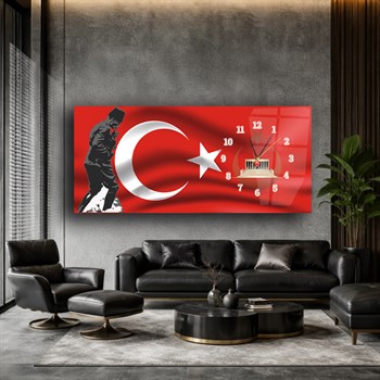 Atatürk ve Türk Bayrağı Yatay Saatli Yandan Vatan Temalı Cam Tablo 016